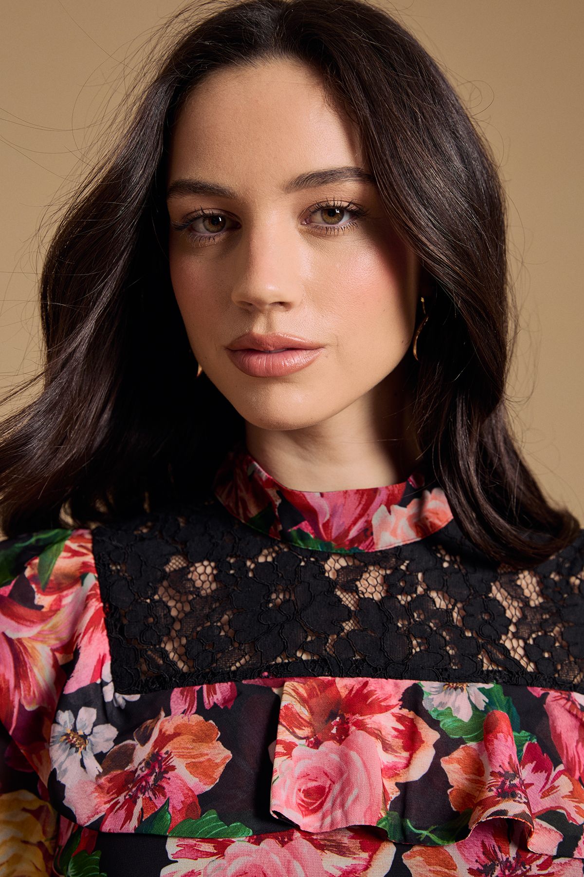 Oasis Printed Chiffon Lace Detail Tiered Long Sleeve Mini Dress