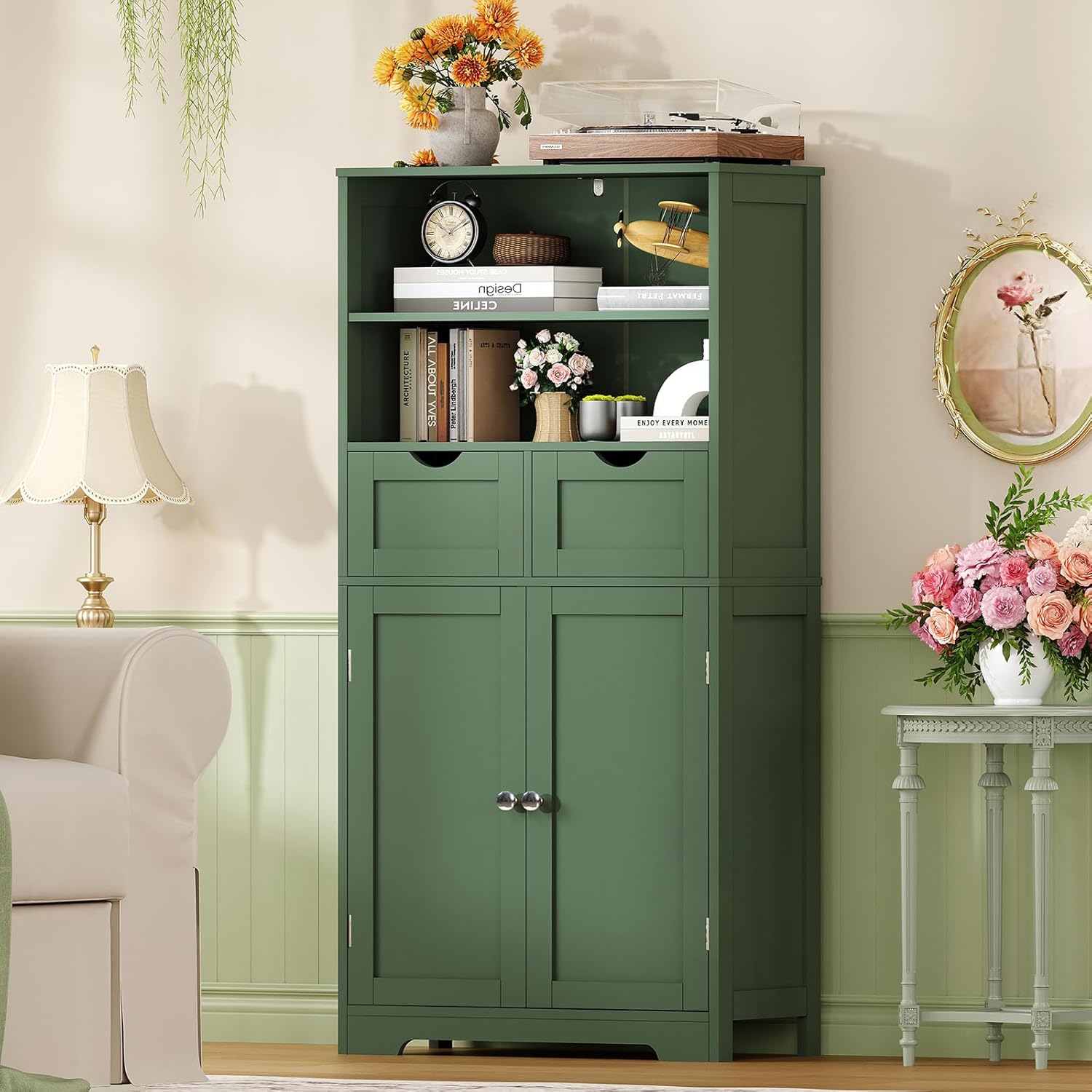 Iwell Bathroom Storage Cabinet with Adjustable Shelf, Storage Cabinet with Doors, Kitchen Pantry Storage Cabinets, Cupboard, for Living Room, Dining Room, Entryway, Green