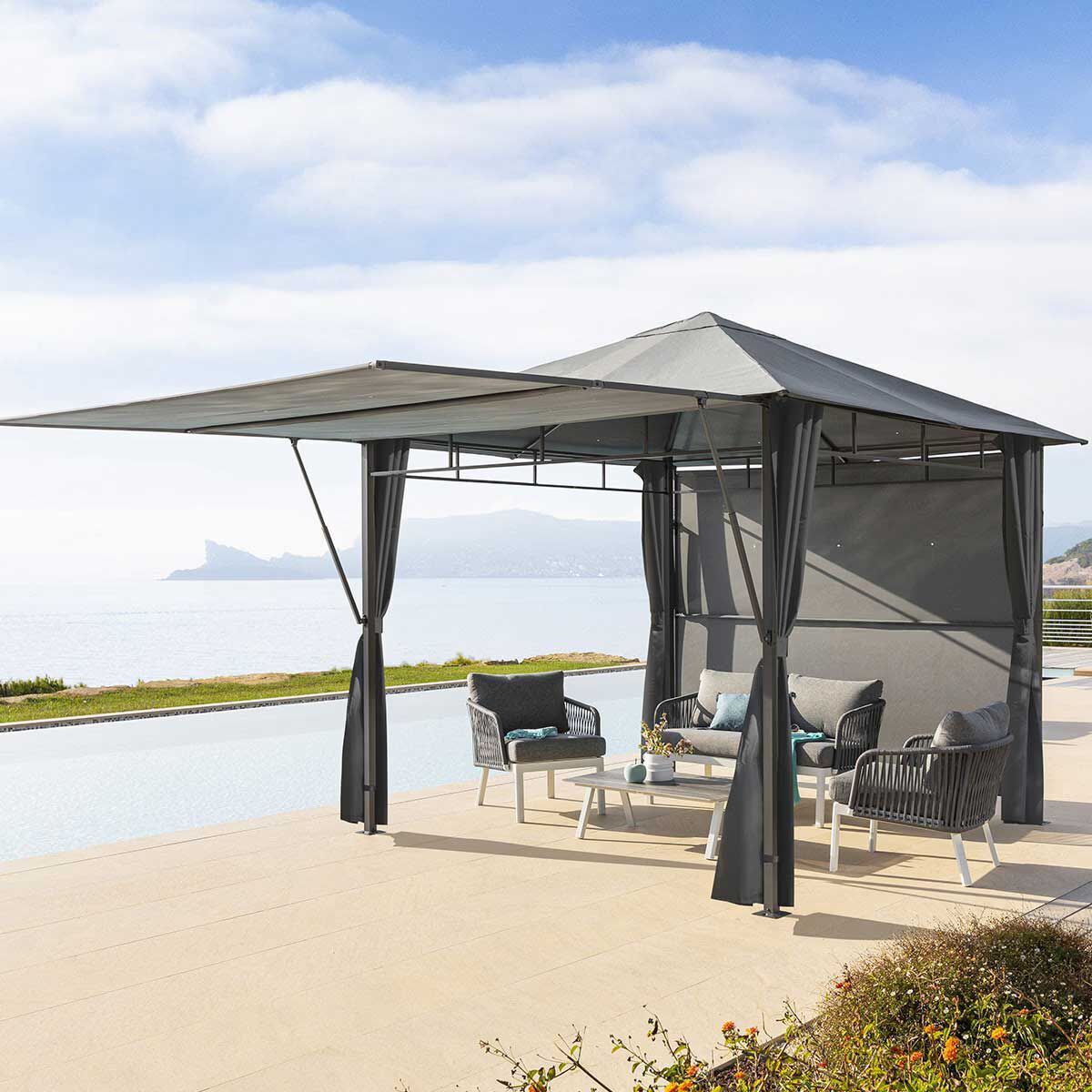 Pérgola OMELYA ardósia com cortinas 3x3m