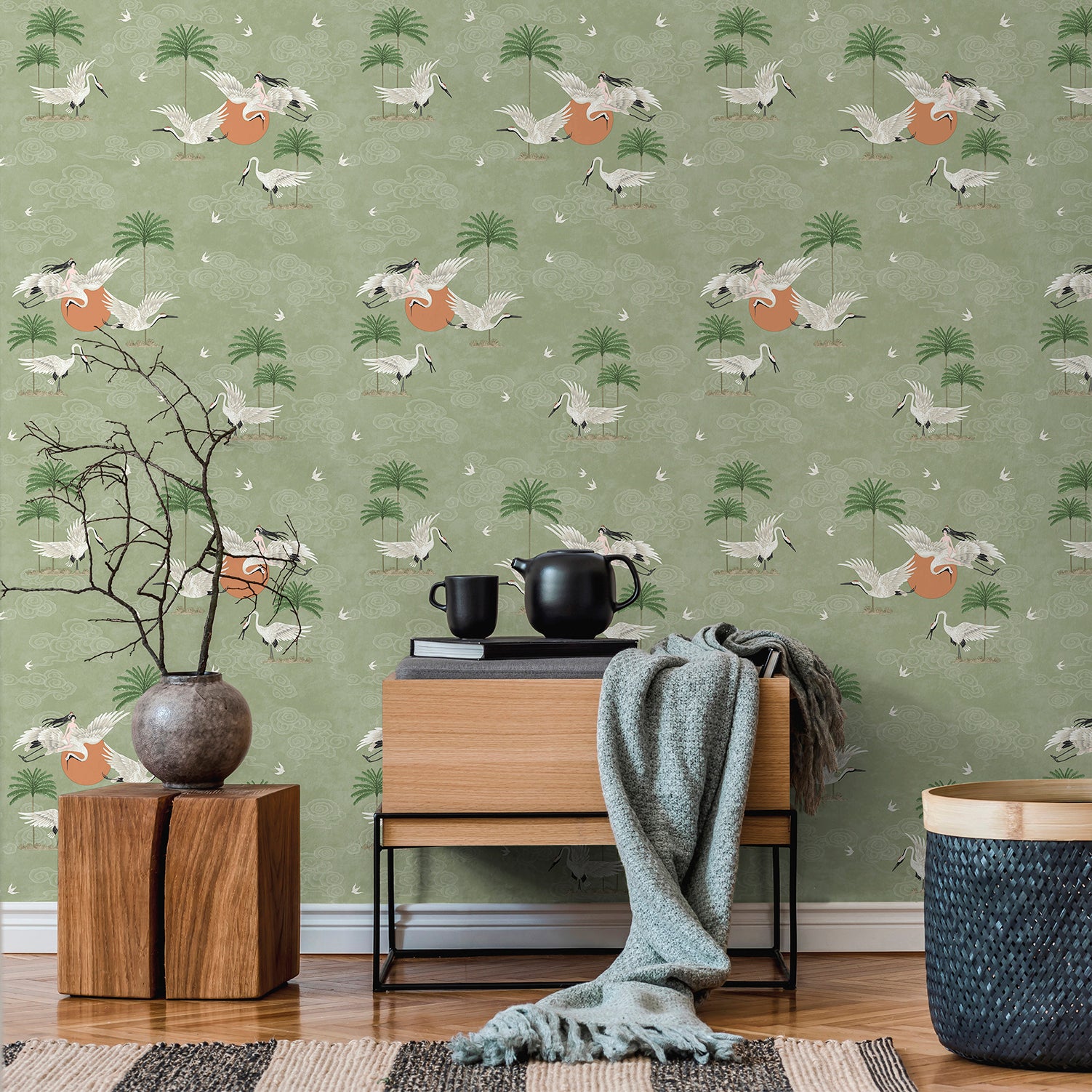Walls4You behang kraanvogels groen - 53 cm x 10 m - 640343