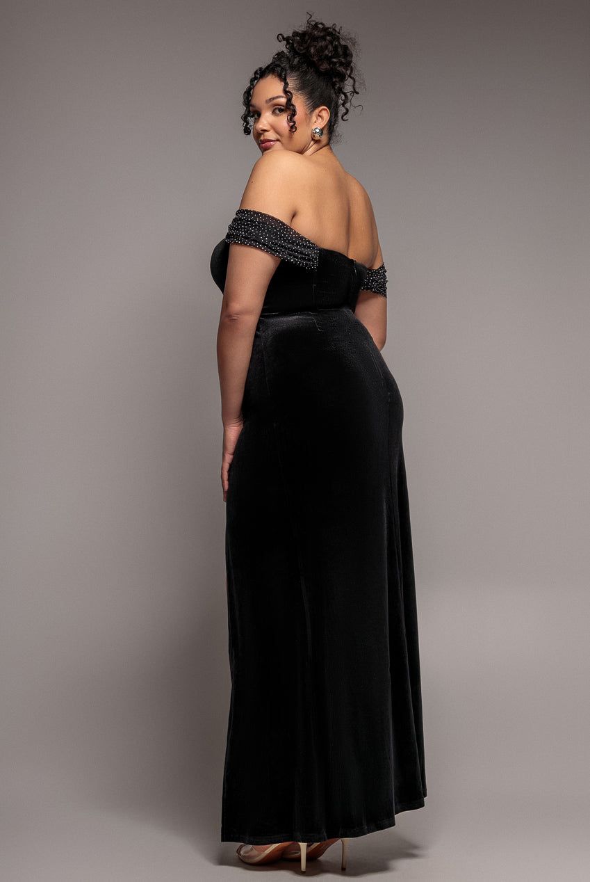 Goddiva Off Shoulder Hotfix Diamante Wing Velvet Maxi Dress