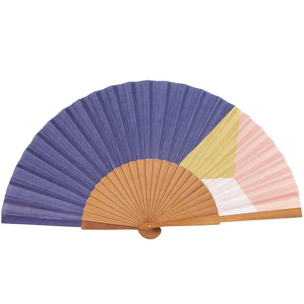 PARADIS - Éventail en bois de merisier et coton motif graphique indigo