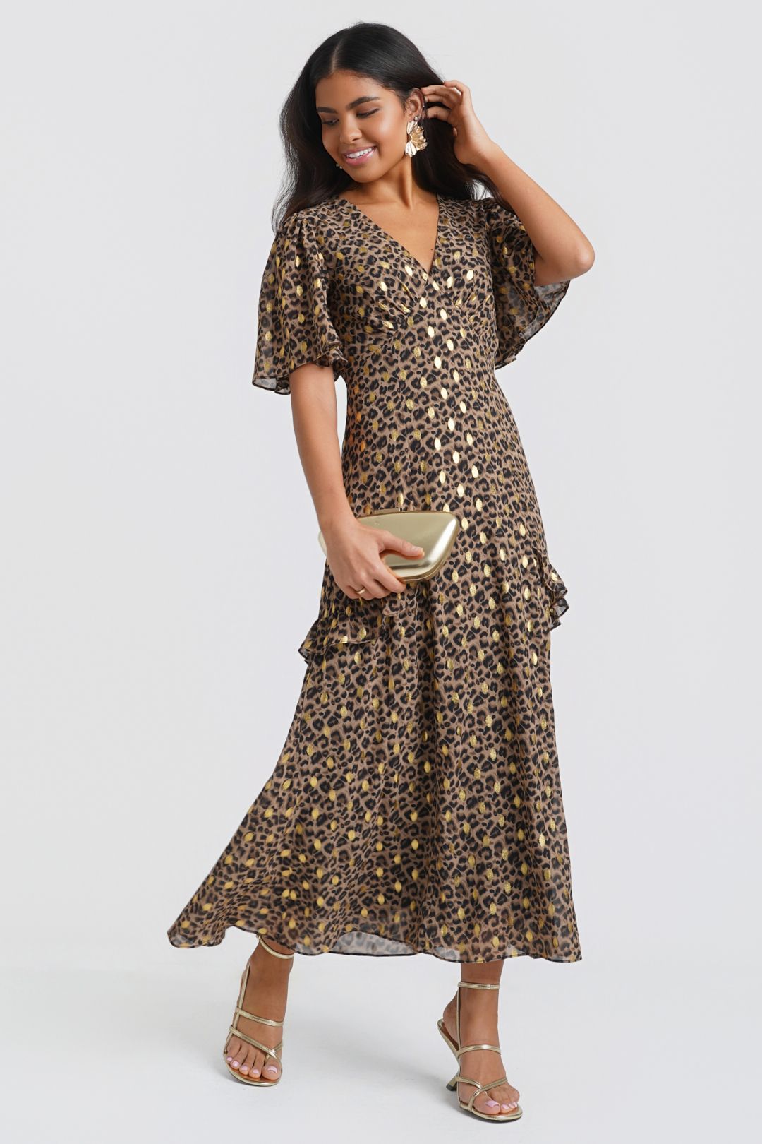 Needs No Label Ruffle Animal Foil Midi Dress
