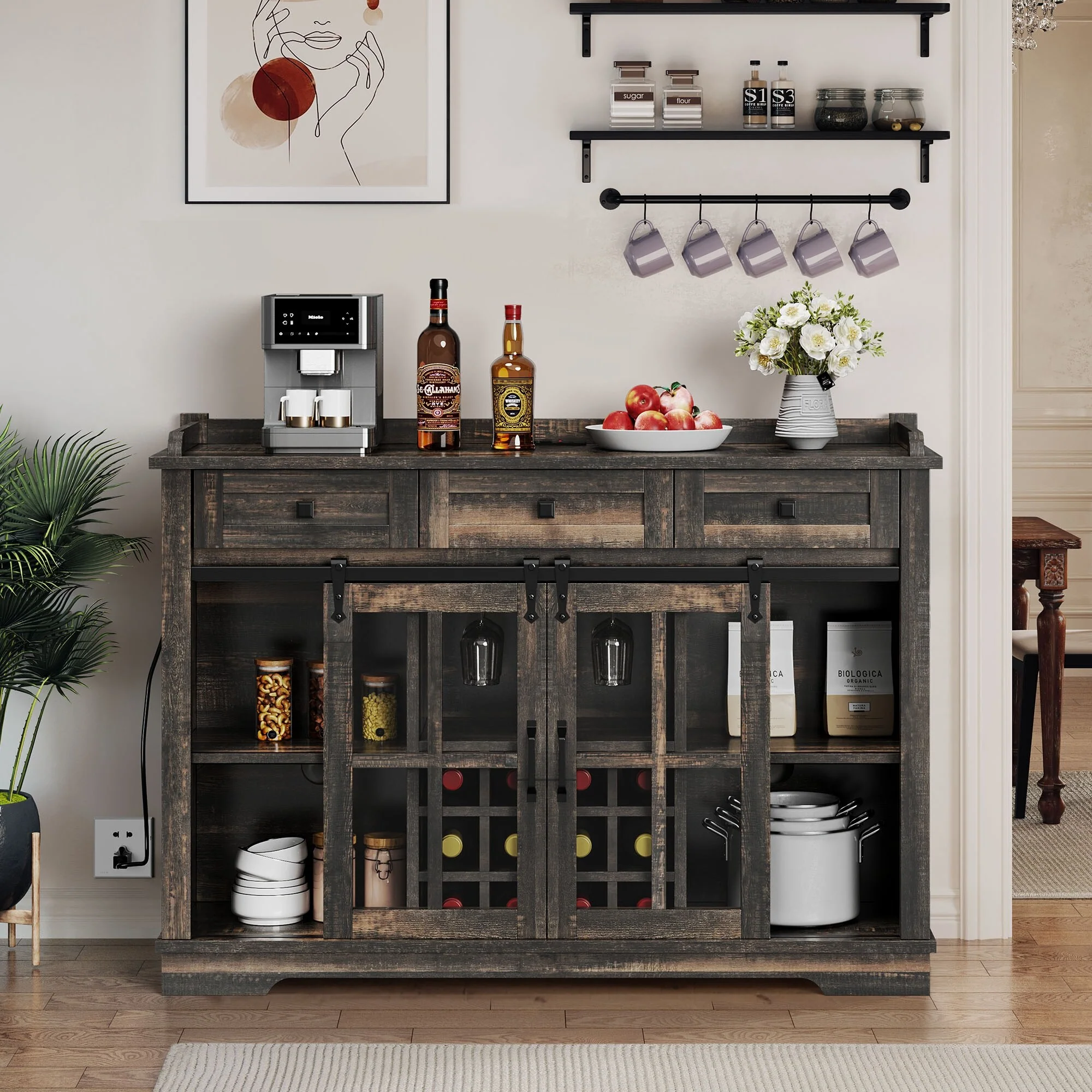 Moasis Sliding Barn Door Wine Bottle Storage with USB Ports and Outlets