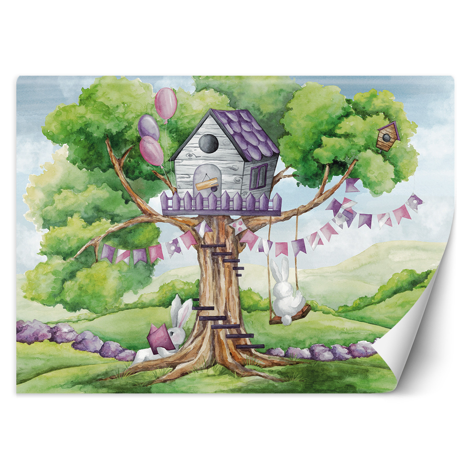 Feeby Fototapeta, Białe króliki chatka na drzewie 150x105