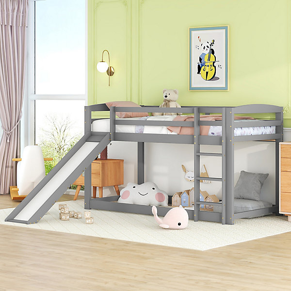 Lit superposé 90x200 cm avec toboggan et échelle modulable en pin massif, finition blanche