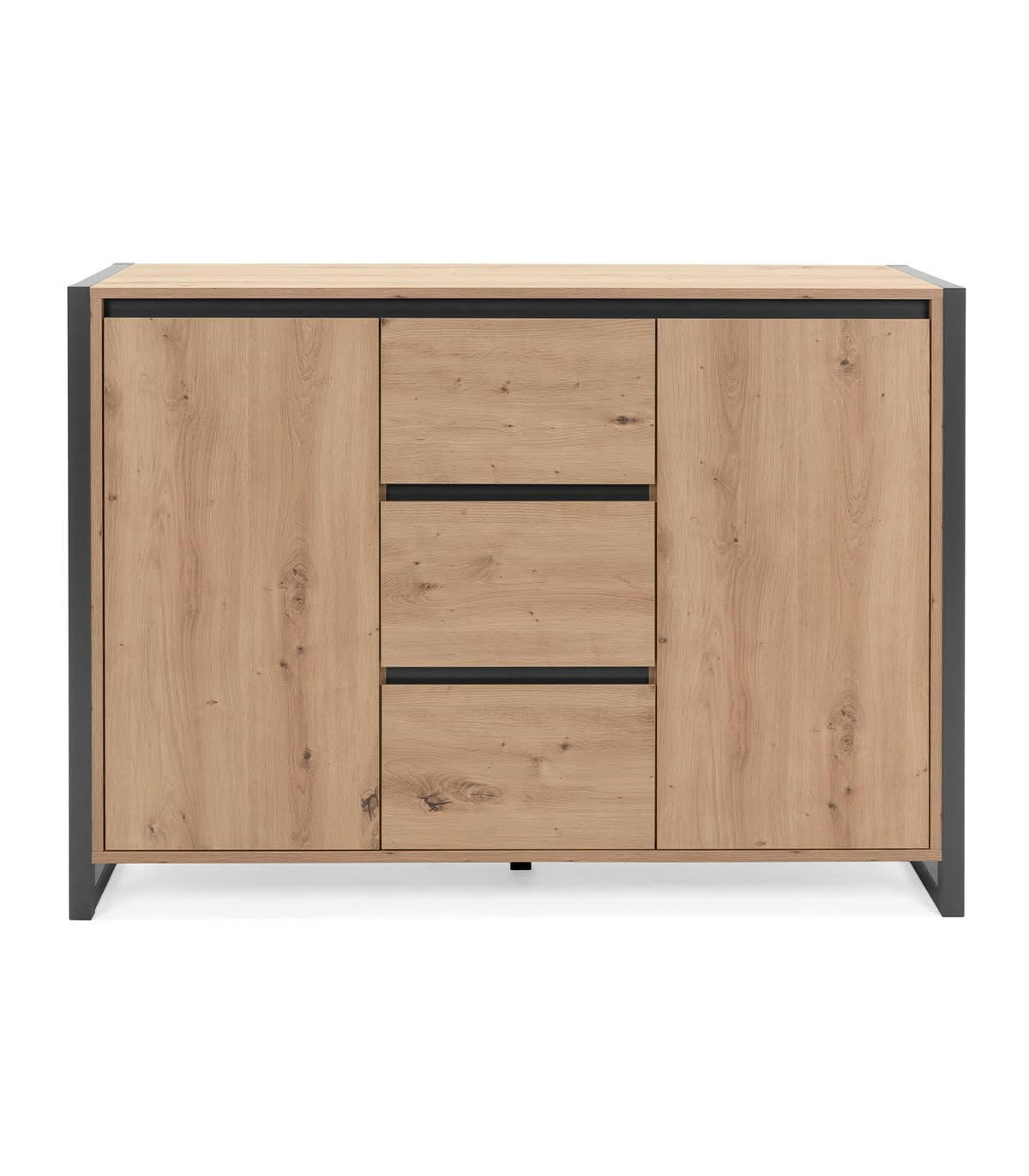 DENVER - Buffet Industriel 2 portes 3 tiroirs L120 cm - Décor Bois Clair