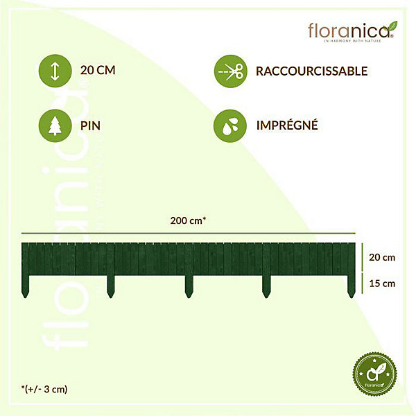 Floranica Bordure de jardin en bois flexible 20 x 200 cm Vert avec piquets, idéale pour délimiter pelouse et massifs de fleurs