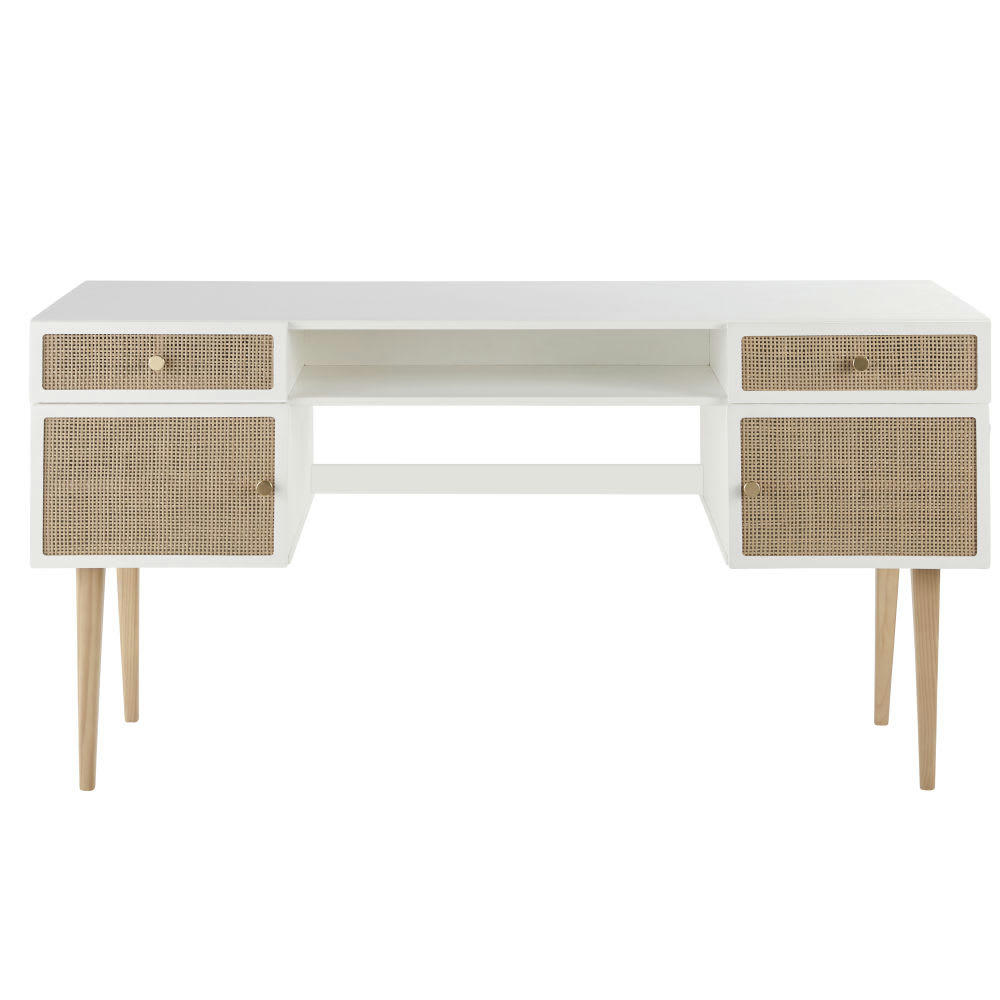 Ysee - Bureau enfant bicolore 2 portes 2 tiroirs cannage en rotin