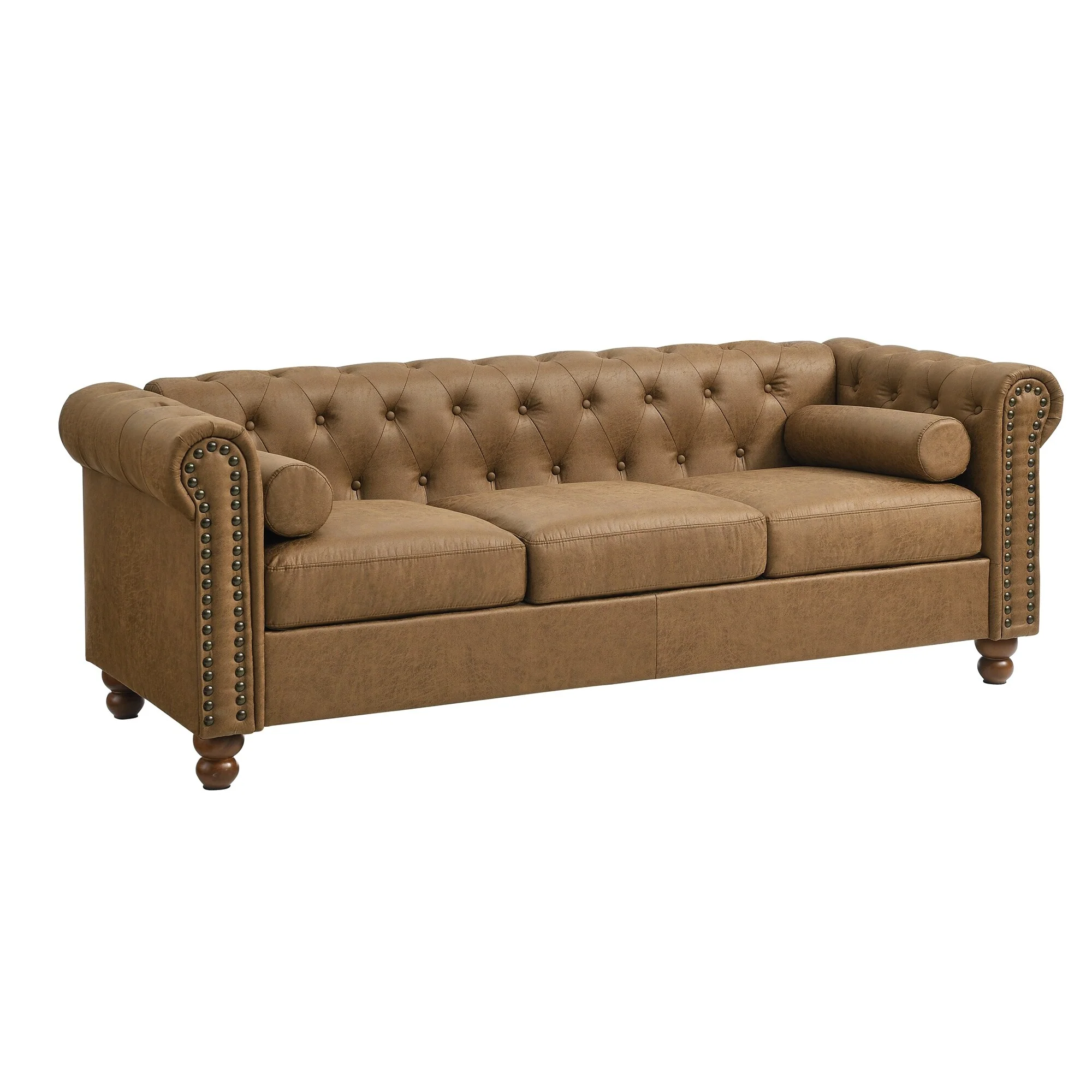 Brown 74.5'' Fabric Upholstered 3-Seater Chesterfield Sofa with Tufted Design, Headrest, and High-Resilience Sponge