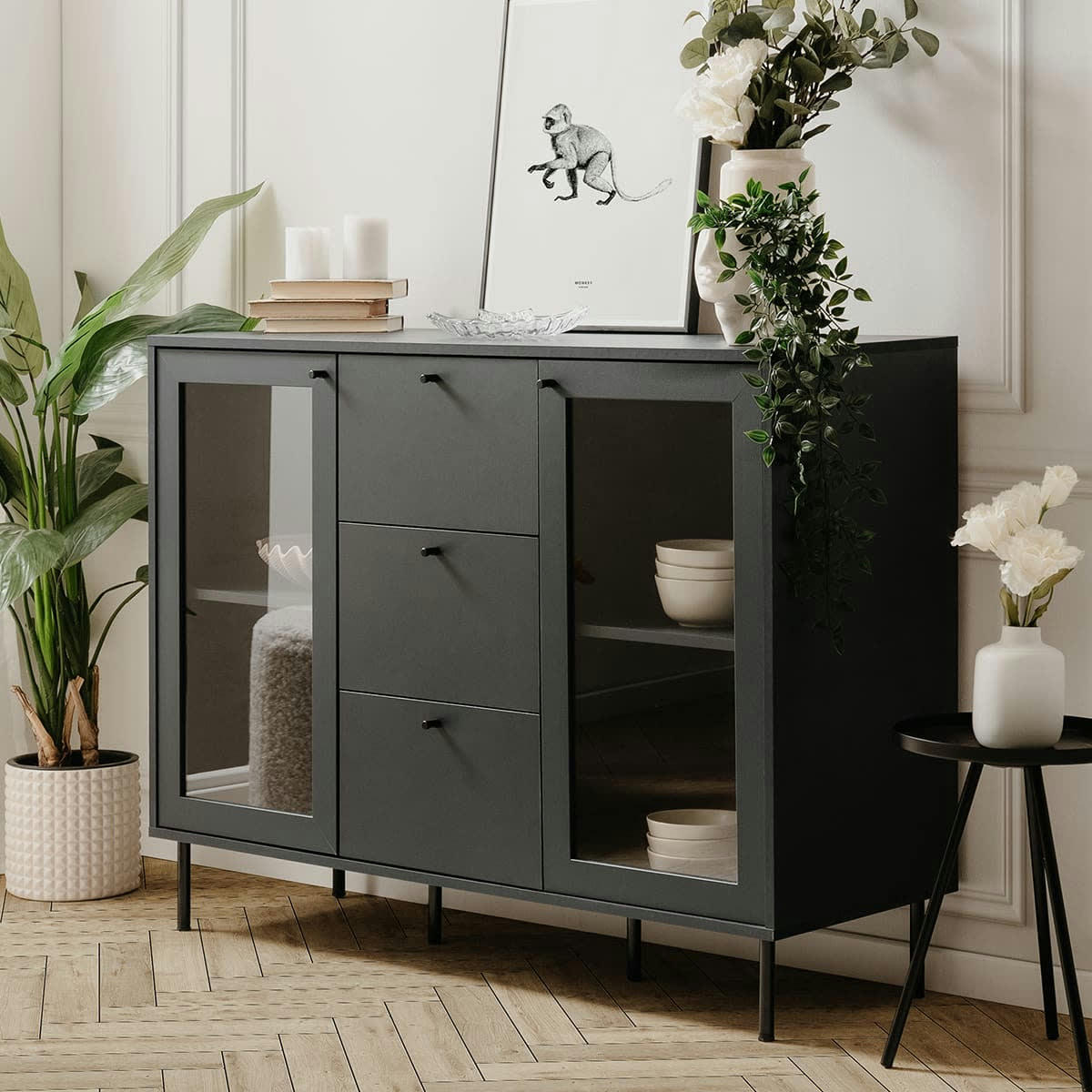 AGATA - Buffet 2 portes vitrées 3 tiroirs bleu nuit 120 cm