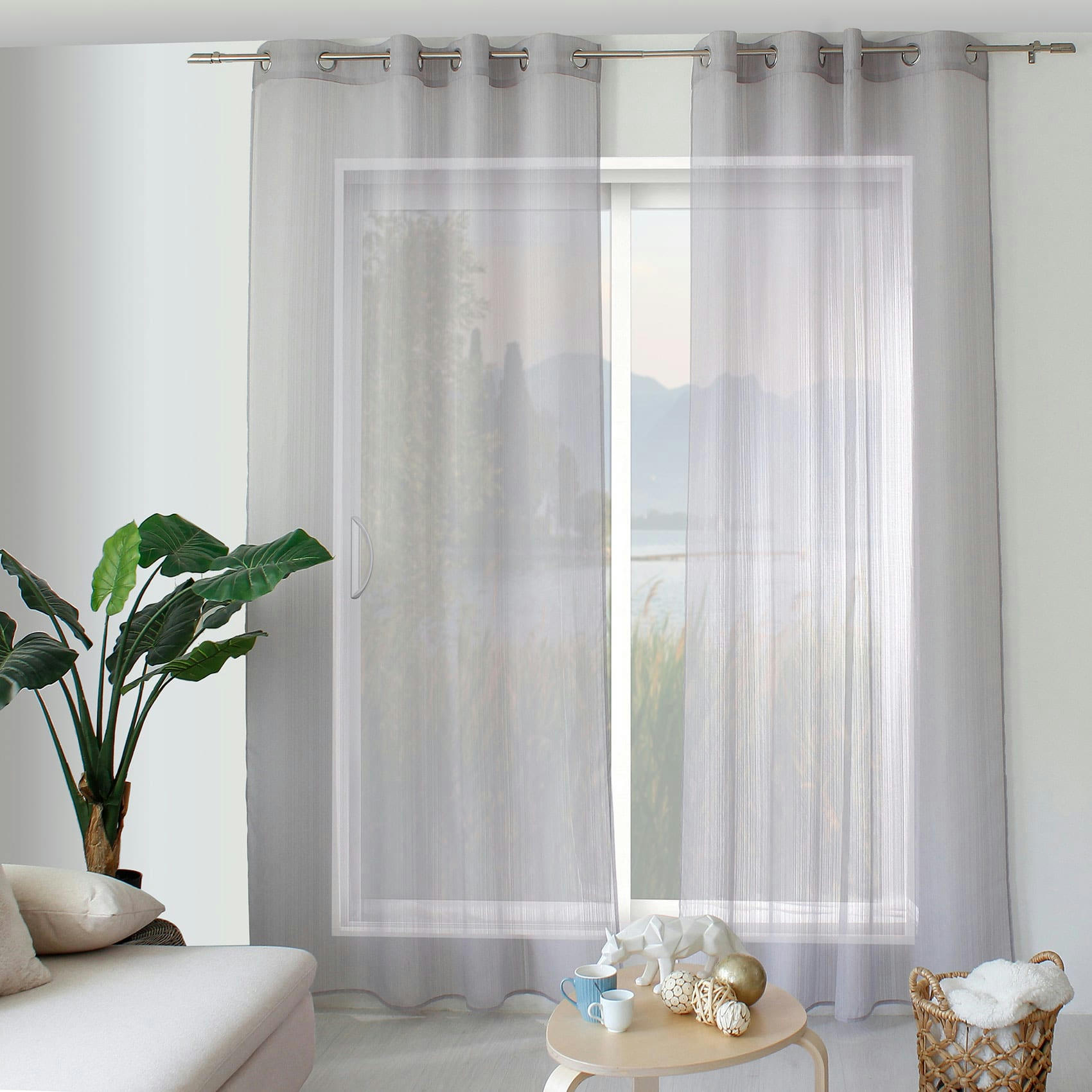 - Voilage tamisant à bande tissée polyester gris clair 140x240 cm