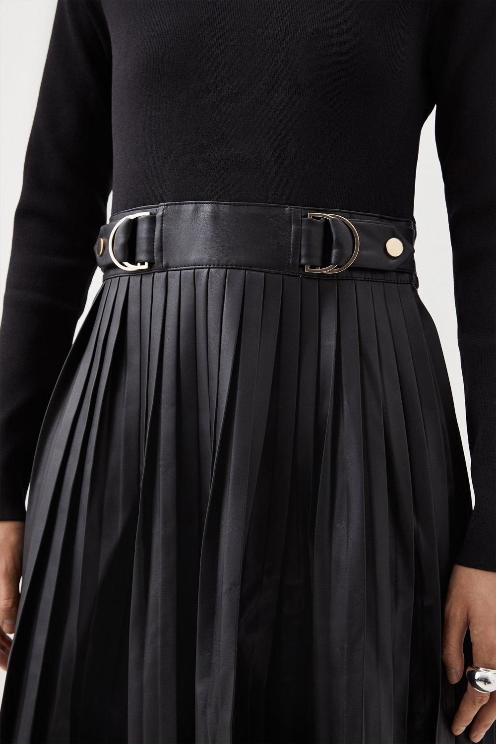 KarenMillen Pu Knit Pleated Skirt Midi Dress