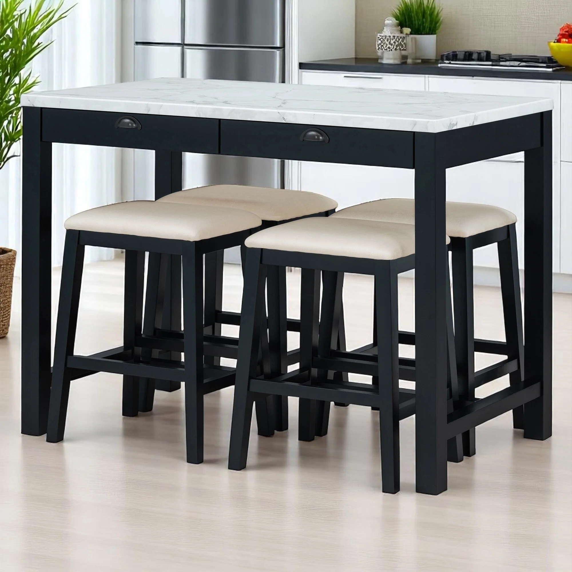 5-Piece Dining Set for 4, Counter Height Modern Kitchen Table with Storage Drawers & 4 Upholstered Chairs for Dining Room