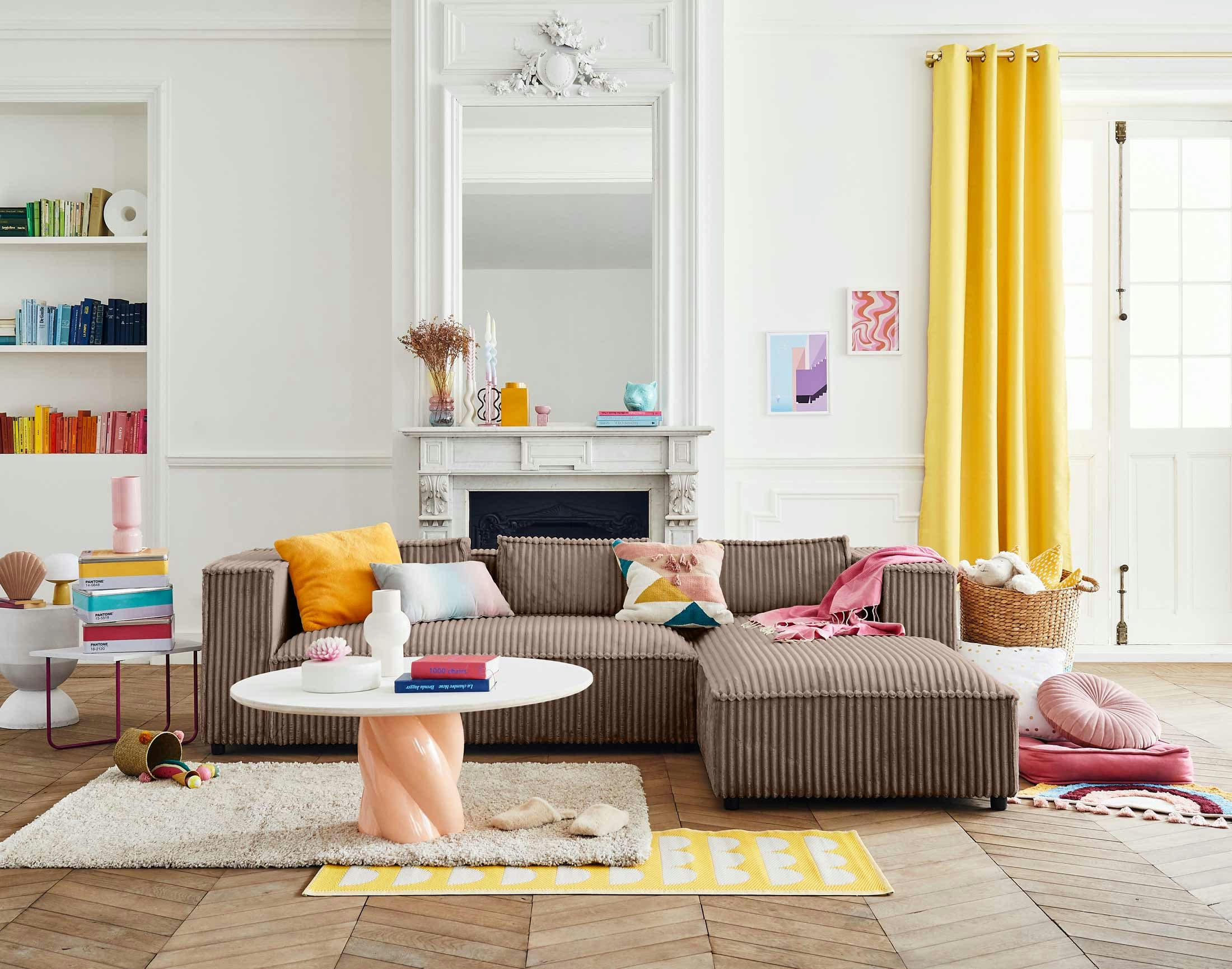 STELLA - Canapé d'angle droit 4 places en velours grosses côtes taupe