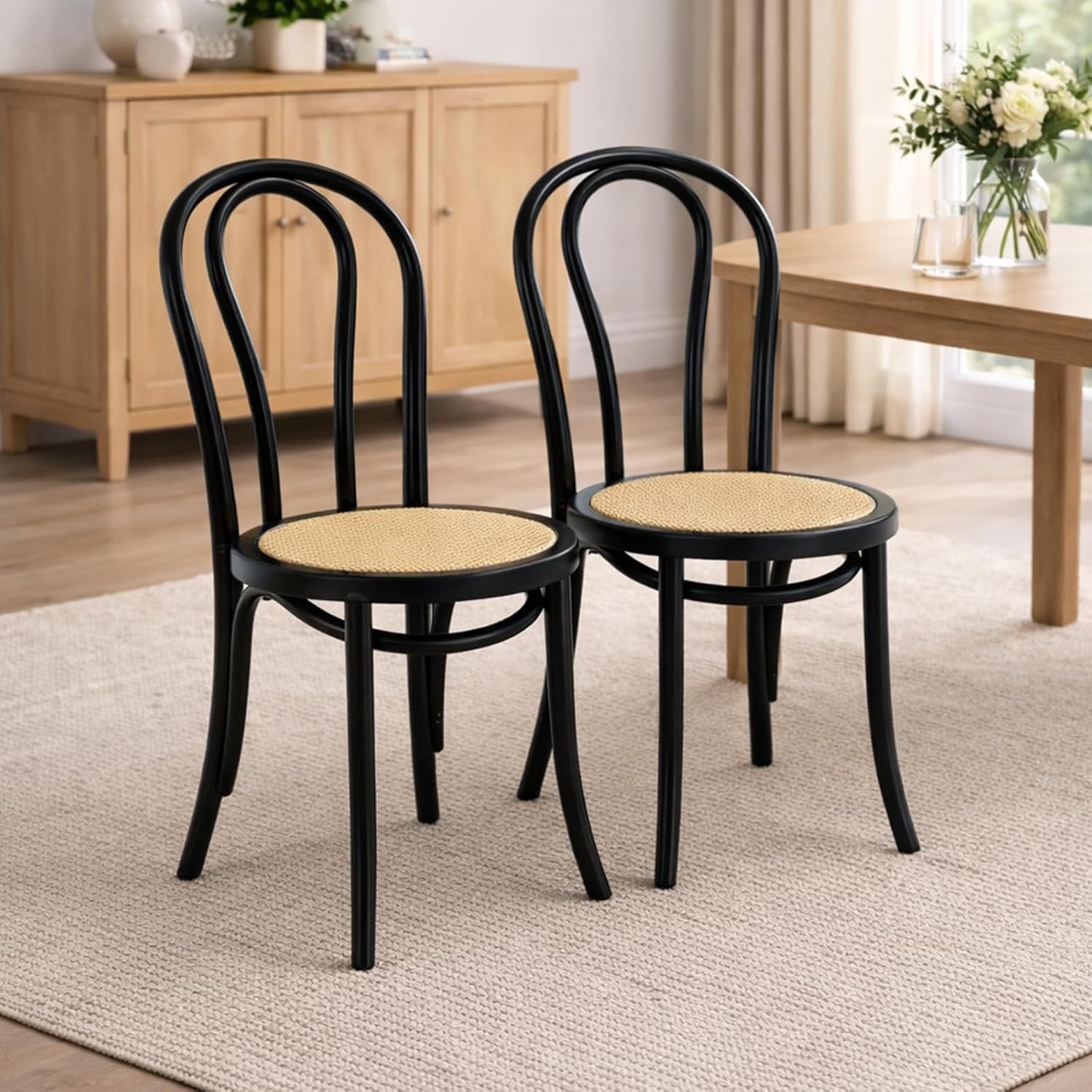 Solid Wood Dining Chairs Set of 2 Mid-Century Modern Rattan Kitchen Room Chairs with Backrest Bentwood Side/Desk Chairs for Dining/Living Room,Home, Black Wood