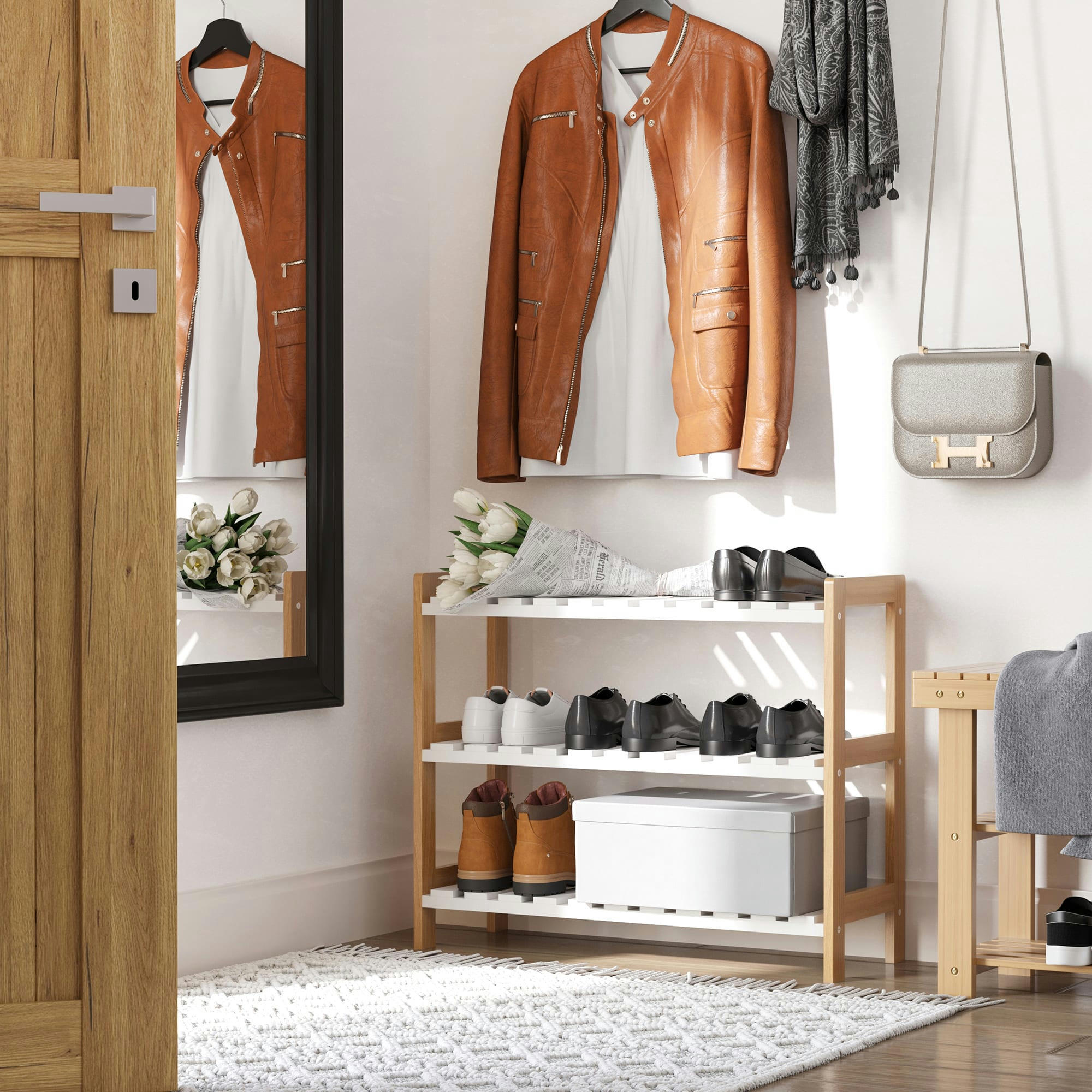 - Etagère à chaussures 3 niveaux bambou MDF blanc