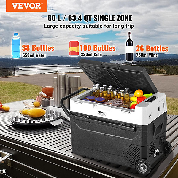 Frigo portatif 60L a compression zone unique 20C a 20C sur roulettes 12V pour voiture maison camping et bateau.