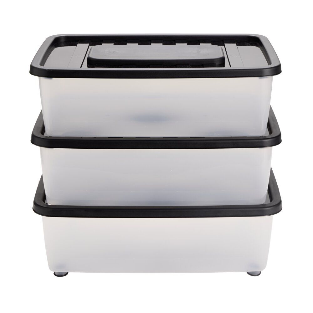 Box dessous de lit 25L x3 plastique transparent couvercle noir 56x37xH18cm
