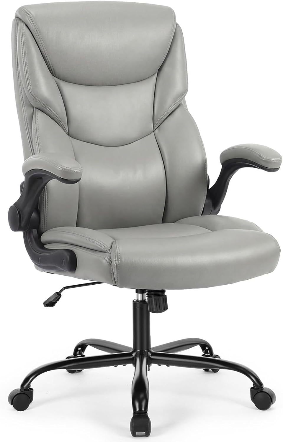 Sweetcrispy Office Computer Gaming Chair, Ergonomic High Back Heavy Duty Task Desk Chairs with Wheels, Flip-up Arms, Adjustable Height, PU Leather, Grey