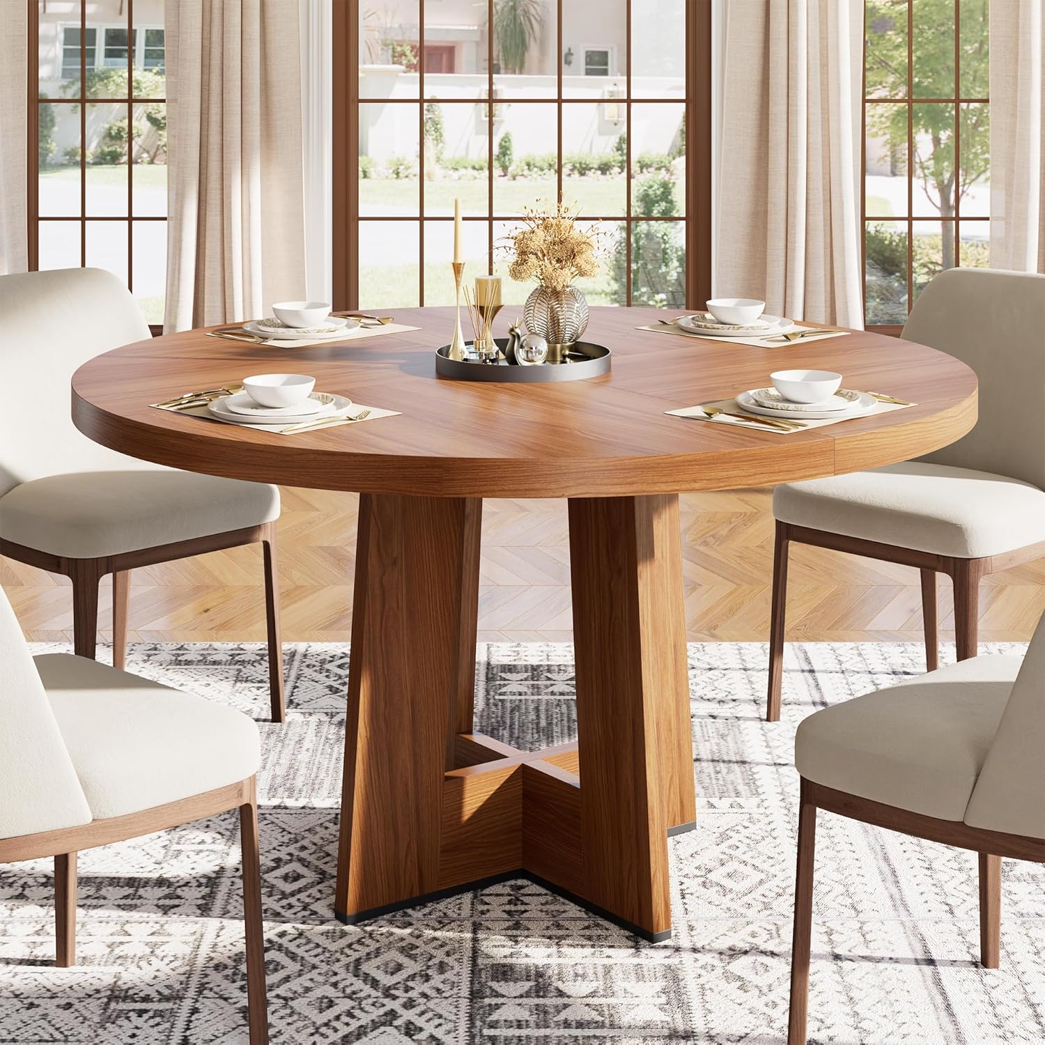 Garvee 47 Round Dining Table for 4-6 People - Circle Kitchen Dinner Table with Sturdy Pedestal Base, Space Saving Dinning Room Furniture for Living Room, Kitchen, Apartment, Light Walnut