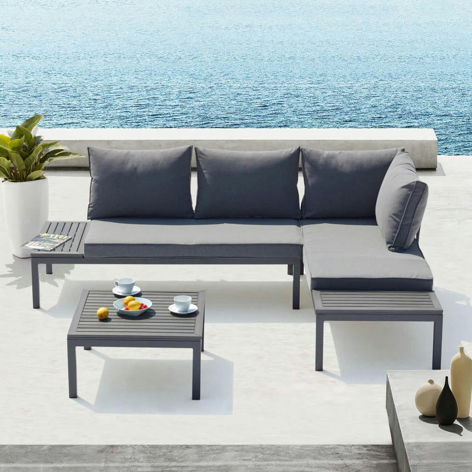 LOLEA - Salon de jardin 4 places en aluminium et acier gris foncé