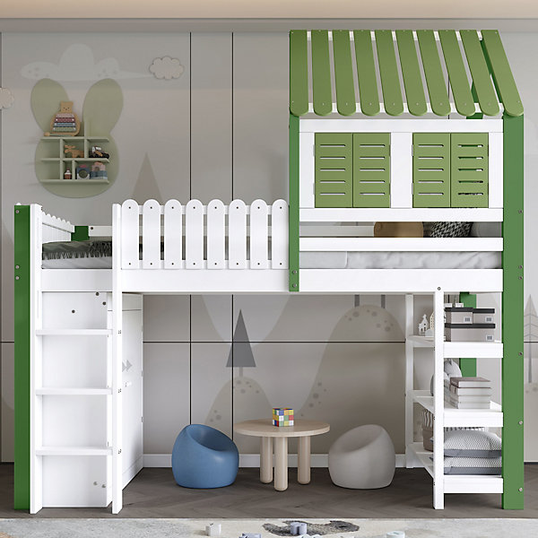 Lit Mezzanine 90x200 cm - Lit Simple avec Protection et étagère de Rangement, Bois Pin et MDF, Sans Matelas, Blanc et Vert