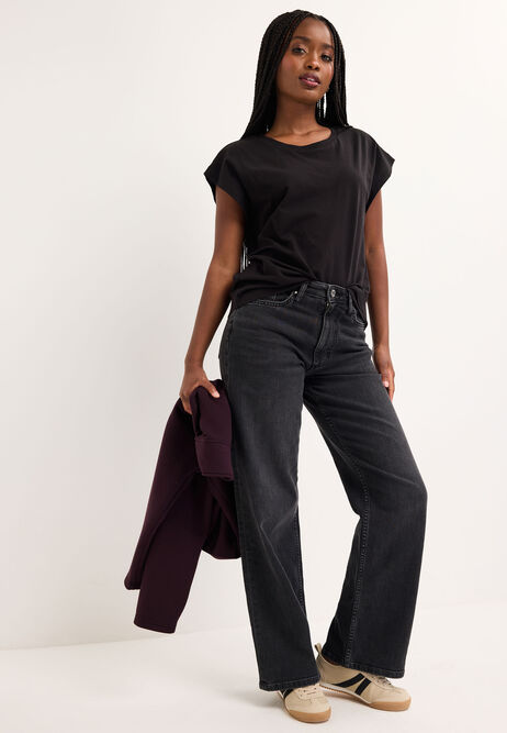 Womens Black Extended Sleeve Cotton T-Shirt