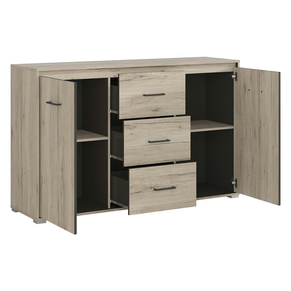 - Buffet 2 portes 3 tiroirs stratifiés naturel et gris