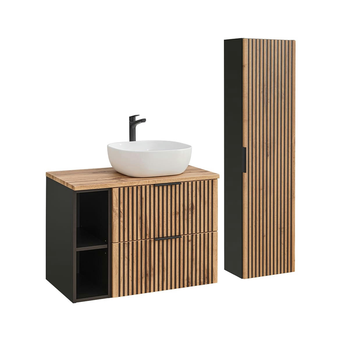 - Ensemble meuble simple vasque 80cm 2 niches et colonne naturel et noir