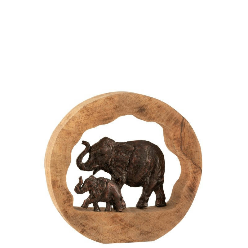 - Éléphants en bronze dans bois de manguier naturel 35x8x35 cm