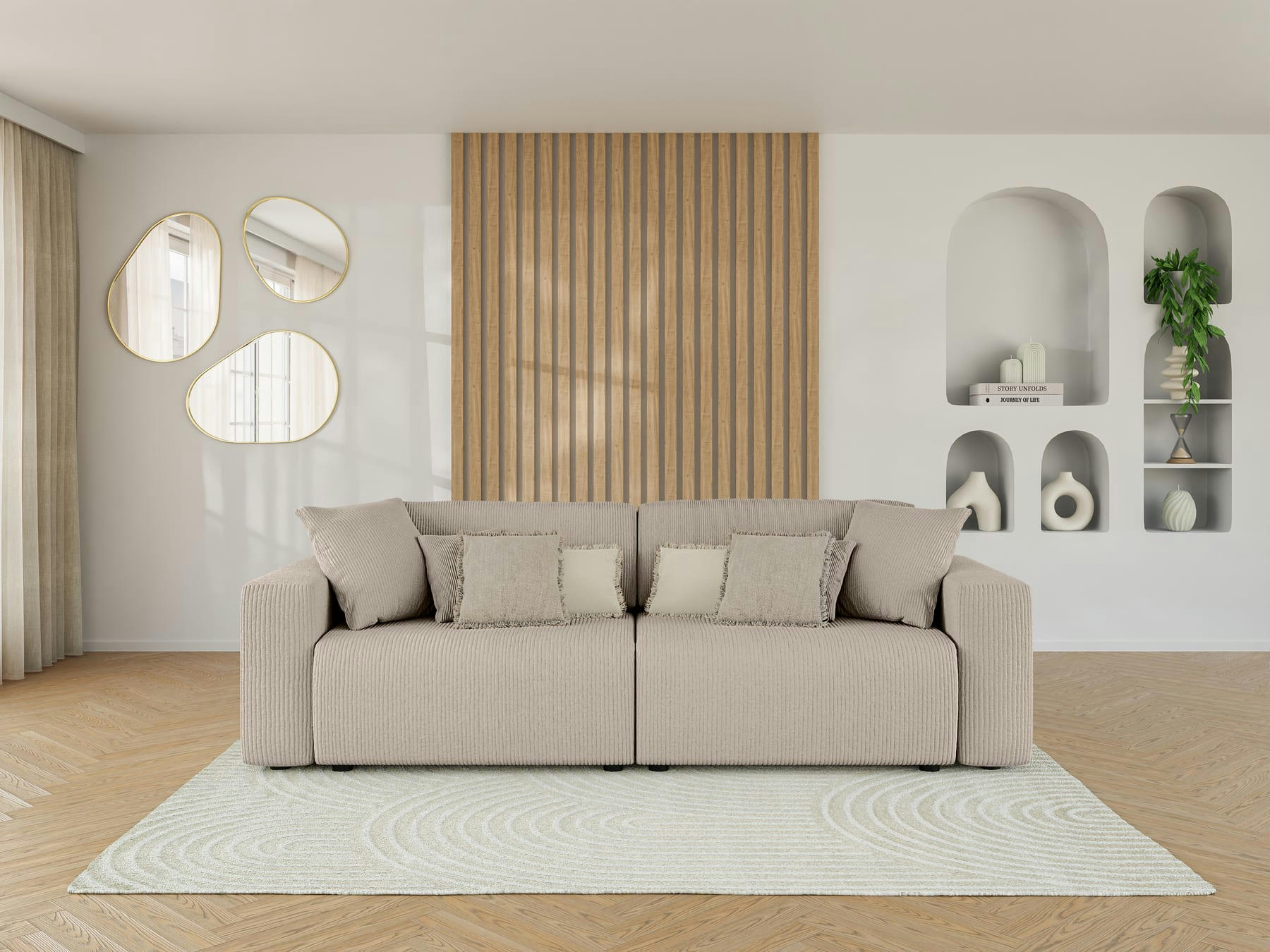 LEO - Canapé droit convertible en velours côtelé 3 places grège