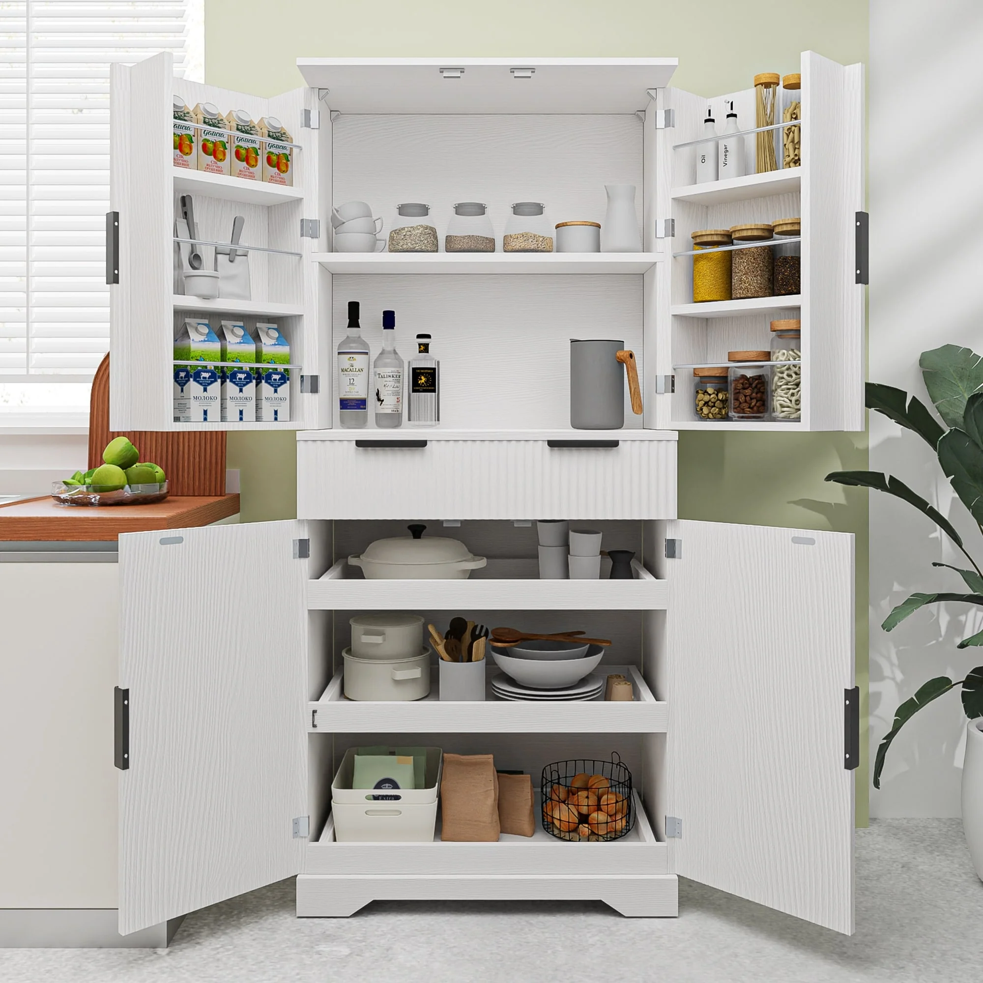 Kitchen Pantry Cabinet with 3 Keyboard Drawers and 6 Door Shelves