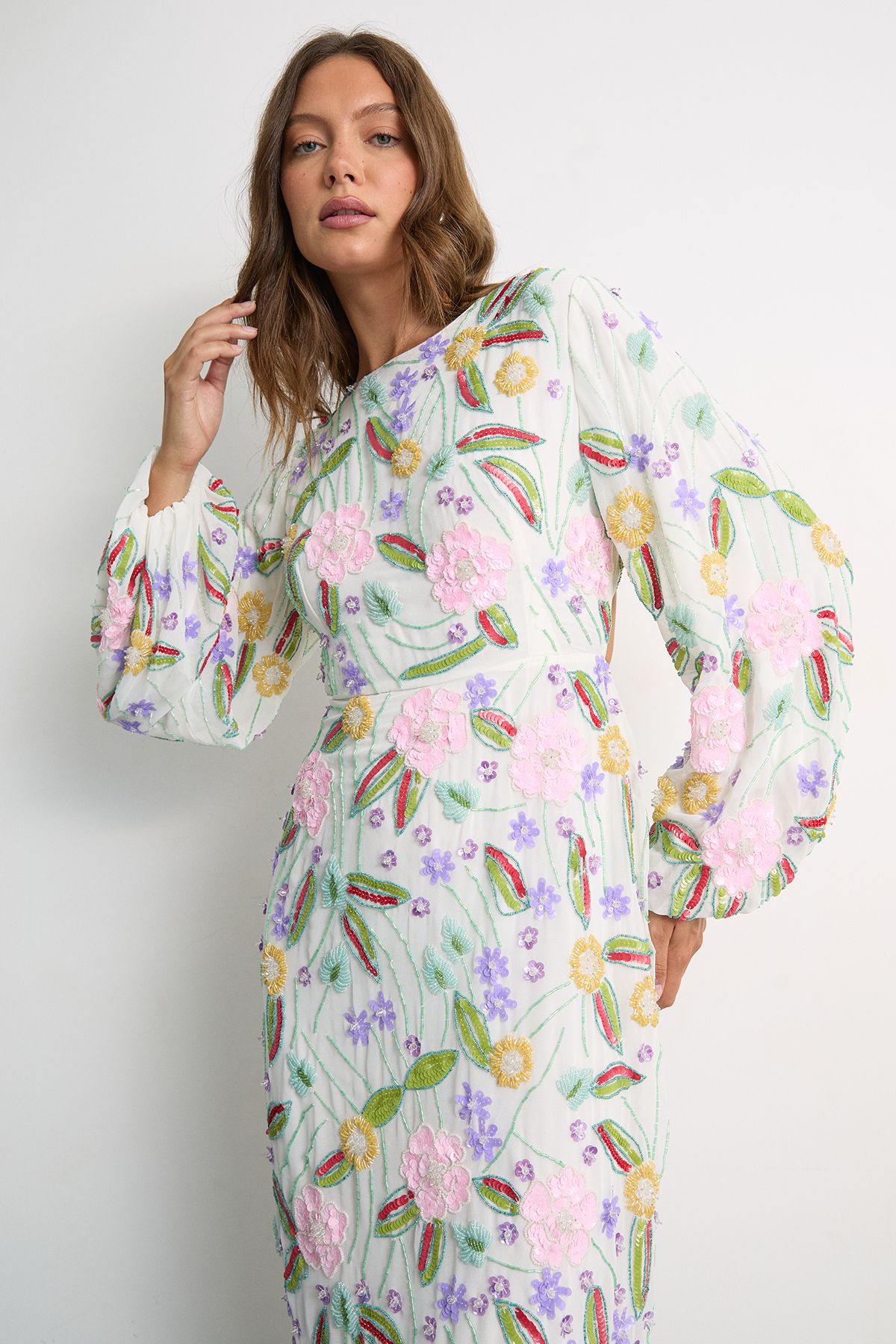Warehouse Embellished Long Sleeve Midi Dress