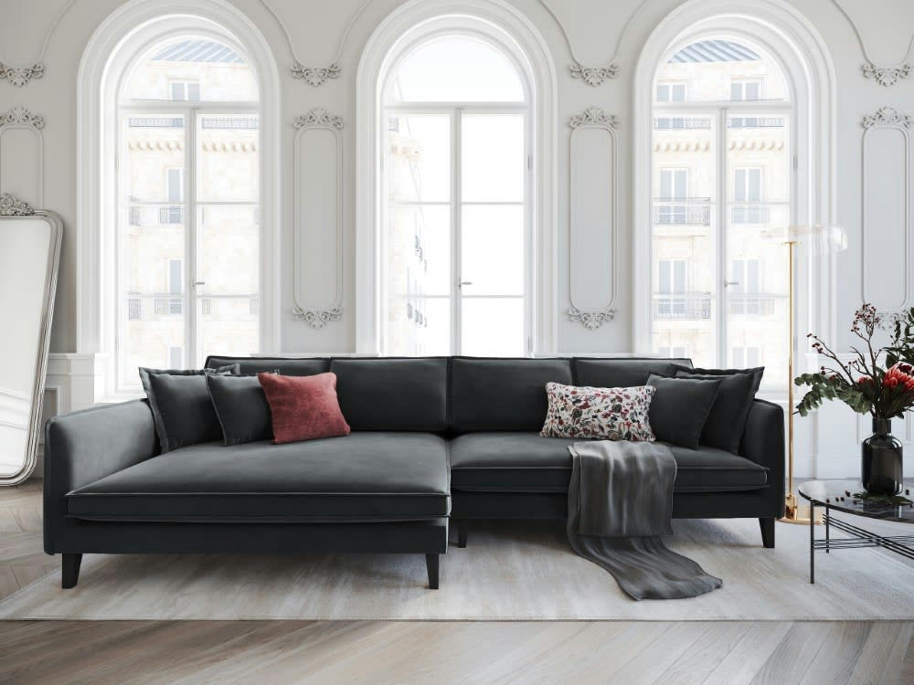 PROVENCE - Canapé d'angle 4 places en velours gris foncé