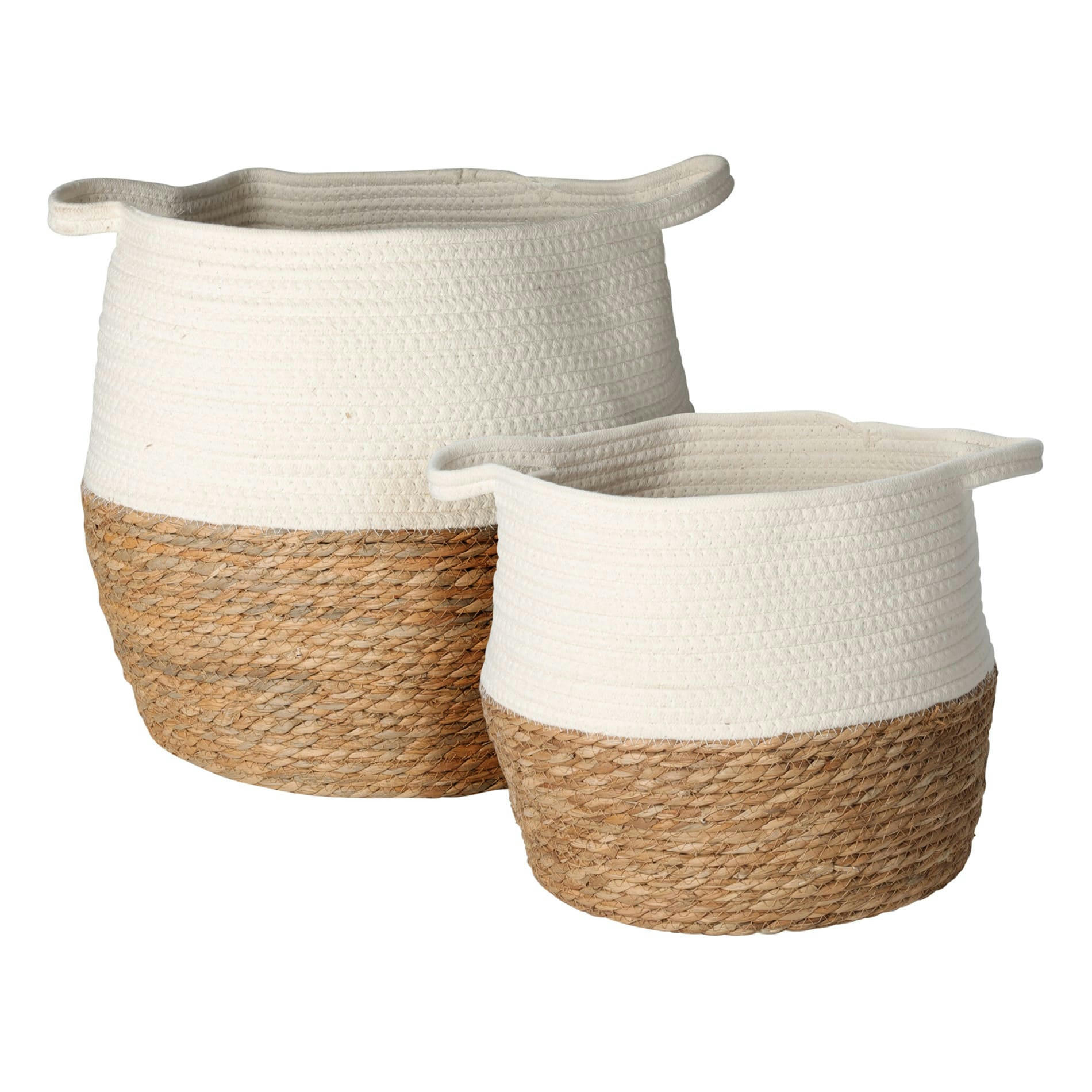 - Lot de 2 paniers suspendus en paille et coton blanc et marron