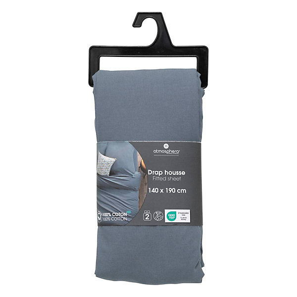 Drap-housse Carina en coton 140x190cm bleu orage - Atmosphera