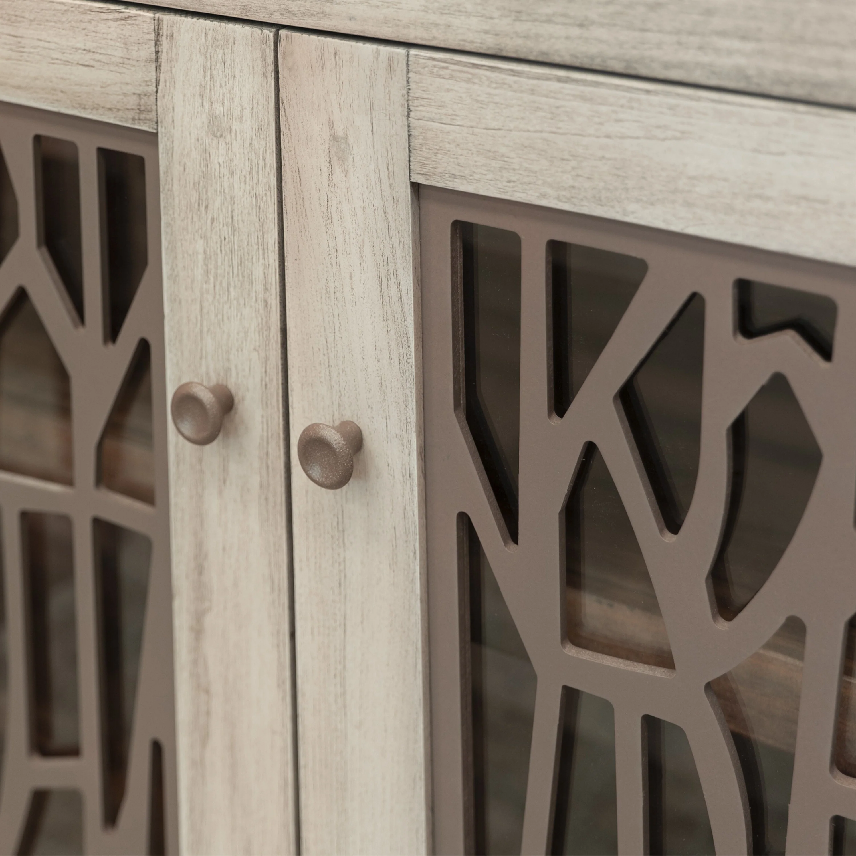 Livvy Console Cabinet, 4 Metal Pattern Glass Doors Ivory White 69 Inch