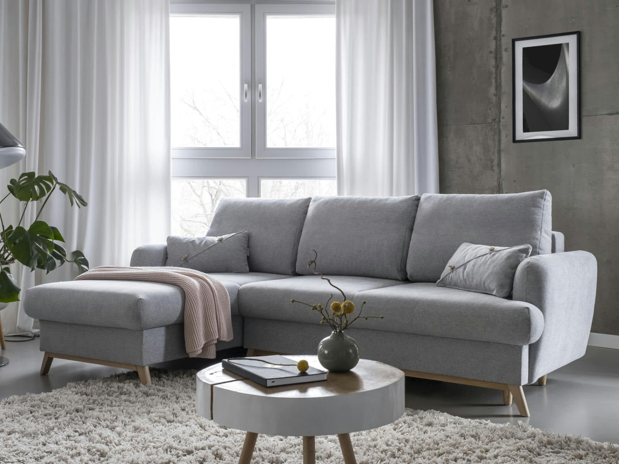 LAGOM - Canapé d'angle gauche convertible 4 places en tissu gris clair