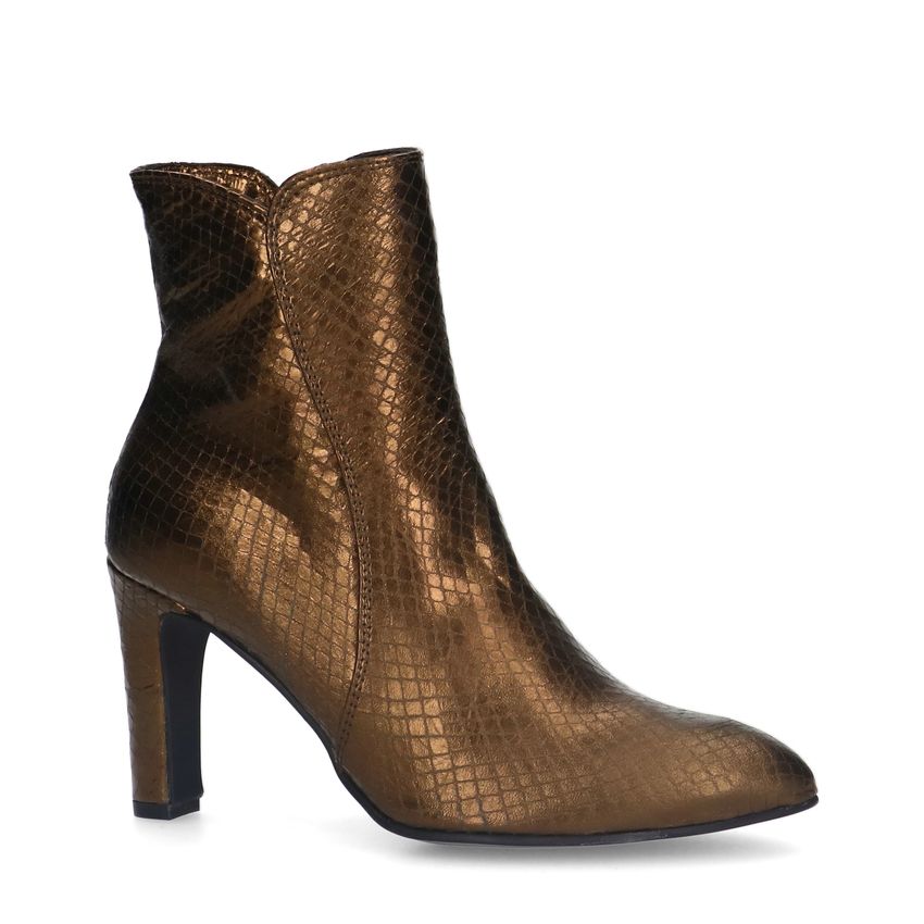 Manfield Bronskleurige leren enkellaarsjes met slangenprint