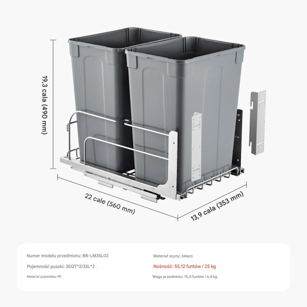 Kosz wysuwany do szafki 2x35QT soft close, metalowe prowadnice, pod blat