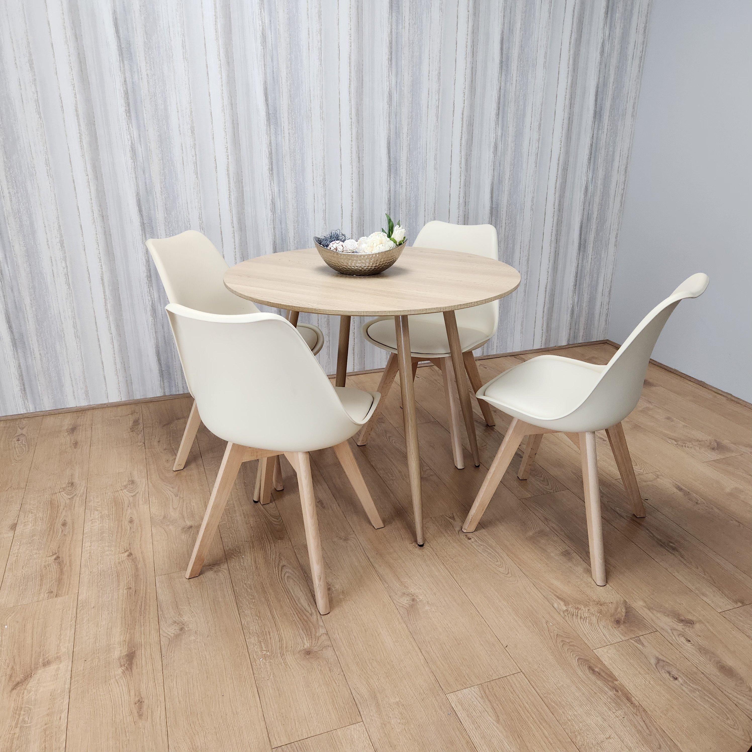 KOSY KOALA Round Oak Effect Kitchen Dining Table With 4 Cream Tulip Chairs Table Set