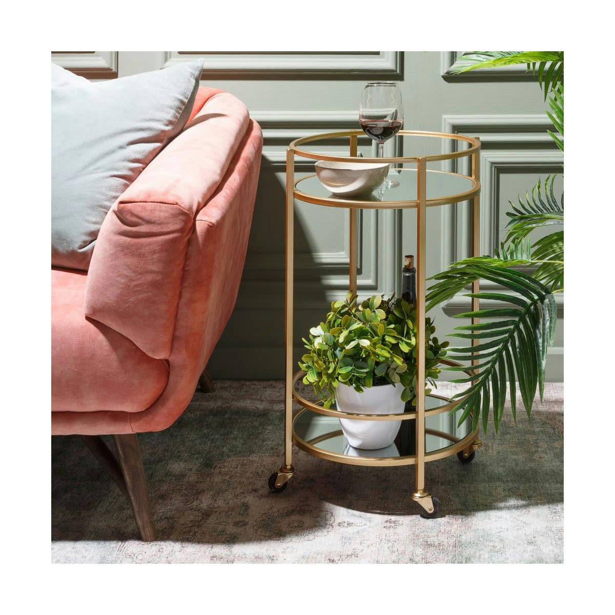 MIROIR - Desserte ronde apéritif salon en métal doré et plateaux miroirs