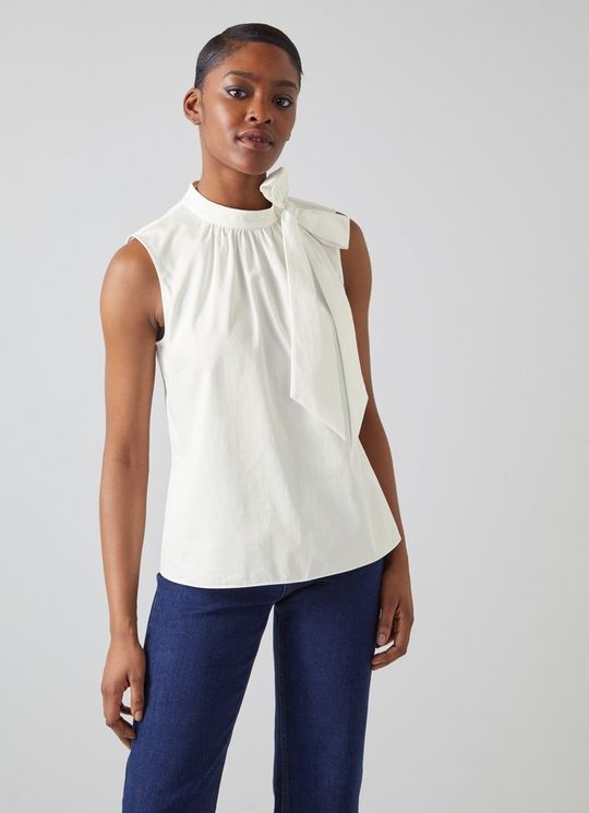 Freud White Cotton Tie Neck Top