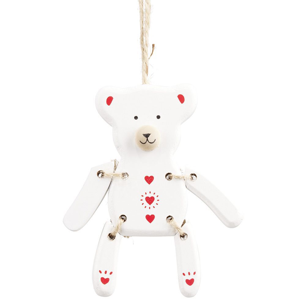 Suspension Ourson de No&euml;l en bois rouge et blanc H10,5cm