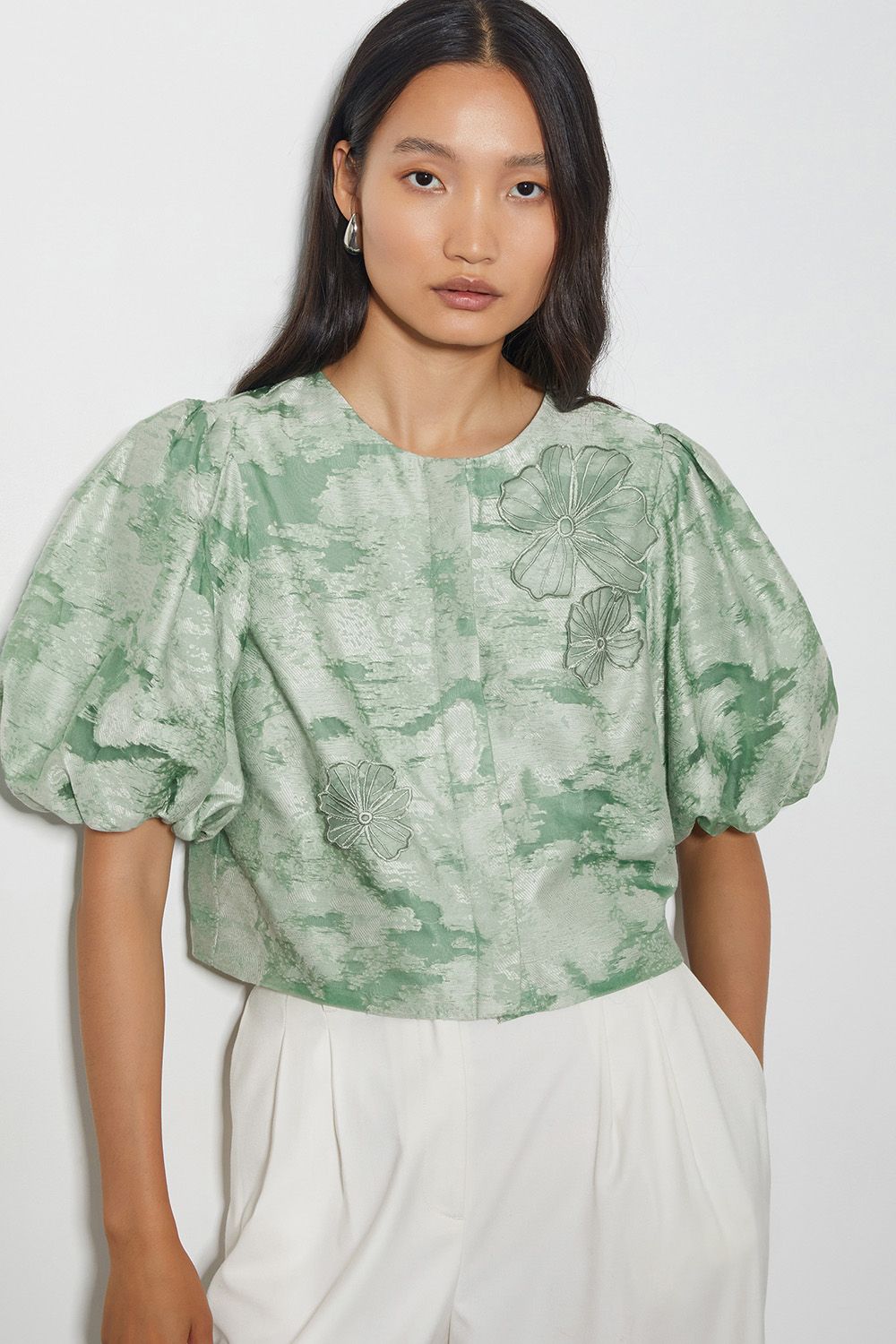 Monsoon Josie Puff Sleeve Floral Jacquard Top Green