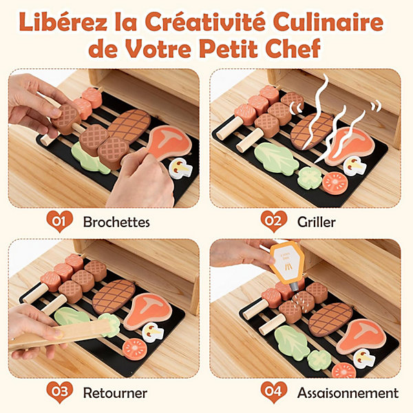 Jouet barbecue enfant avec tableau noir, en bois avec nourriture de jeu, outils de cuisson et bouteilles, pour enfant 3  ans