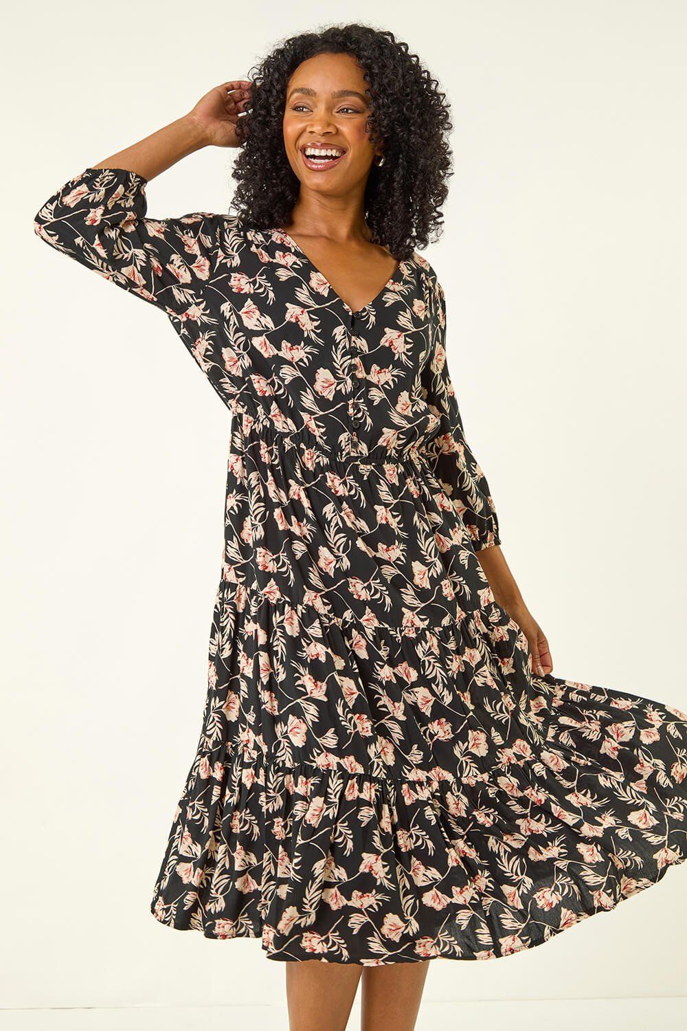 Roman Petite Floral Tiered Midi Dress