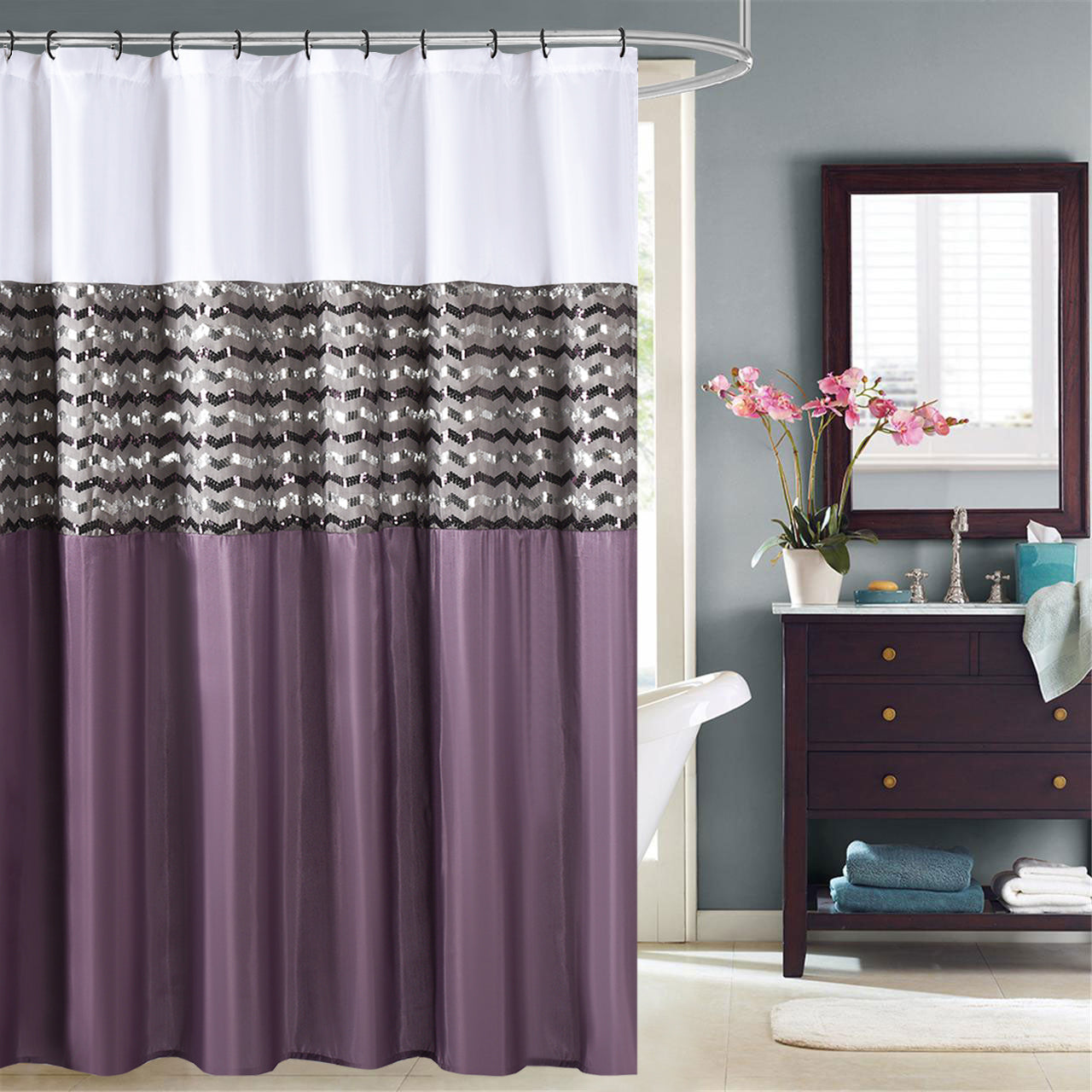 Modern Glitter Shower Curtain - Shimmer Sequin Design for bathroom-1, Chic Stunning Bath Curtain with Color Block Design, 72