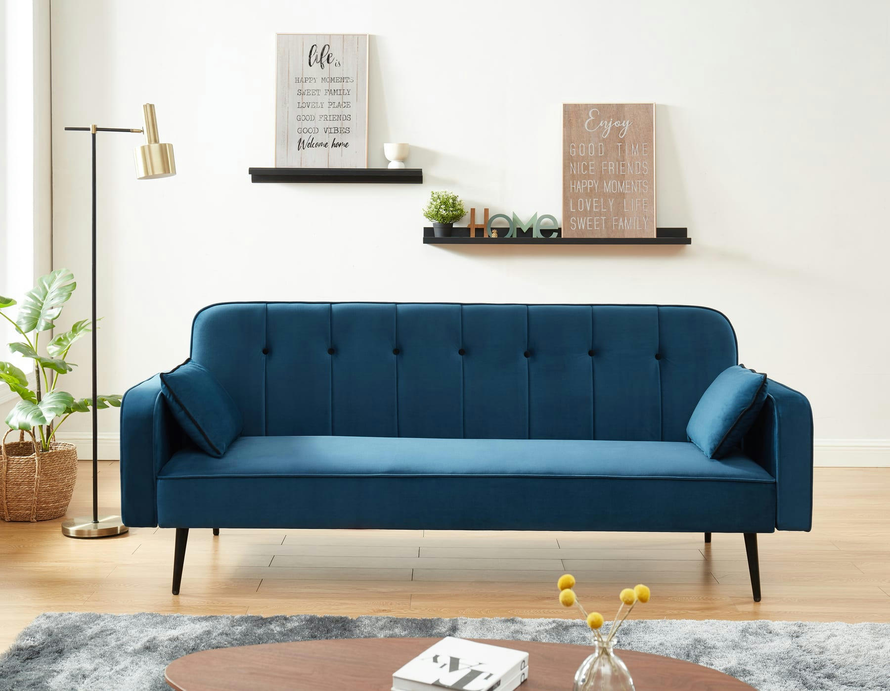 SWEETY - Canapé droit convertible en velours 3 places bleu